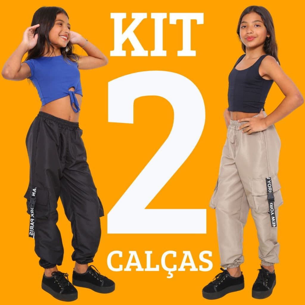 KIT 2 Calça Jogger Feminina Infantil Para Meninas Estilosas Calça Jogger Cargo 4 Bolsos 4 Cores Tecido Tactel Moda