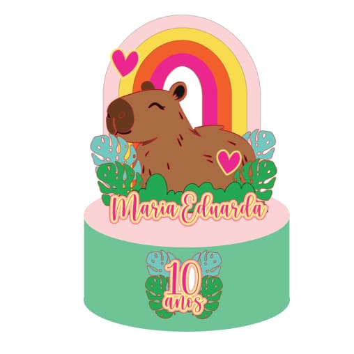 topo de bolo capivara em camada com arcoires e detalhes colorido