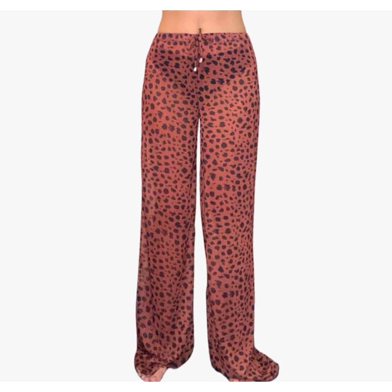 Calça Animal Print Marrom Avermelhado Saída de Praia Verão Moda Tropical Tecido Tule de Malha Tendências