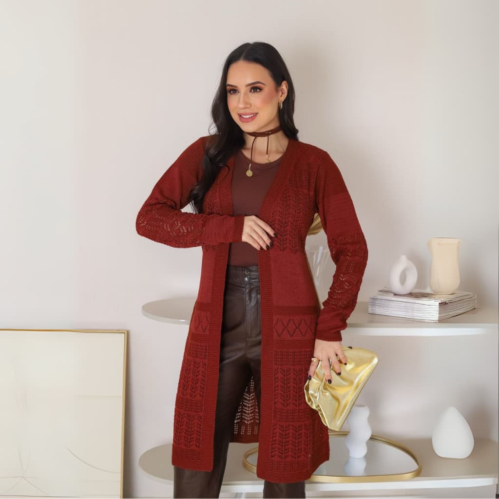 Cardigan Feminino com Mangas longas Rendado de Tricot Rayon Longo  Ideal Para Inverno