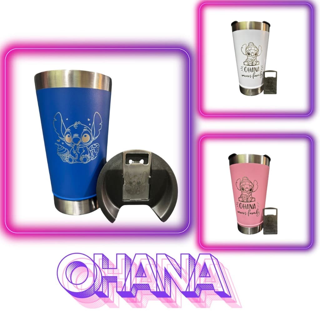 Copo 473 ml termico do stitch OHANA  familia e familia quer dizer nunca esquecer ou abandonar
