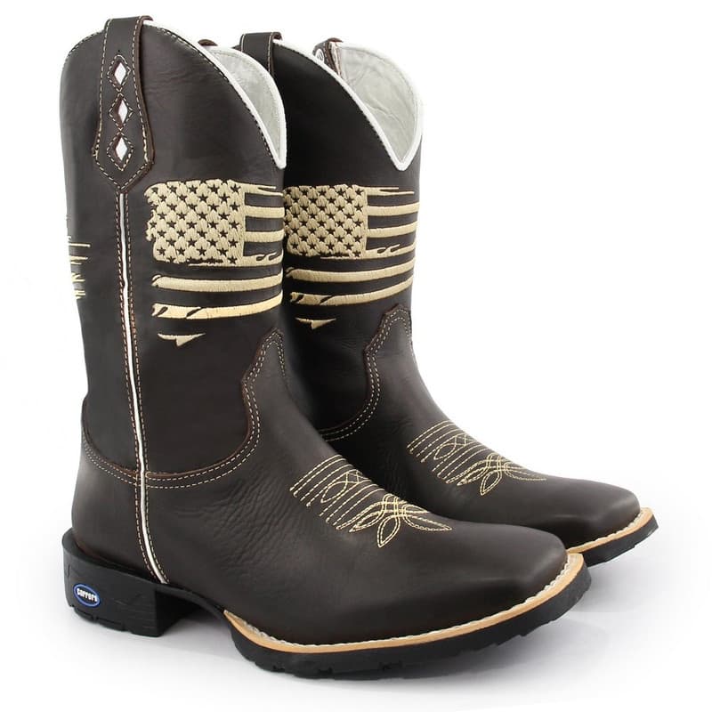 Bota Texana Masculina Country Em Couro Bico Quadrado Sola Borracha