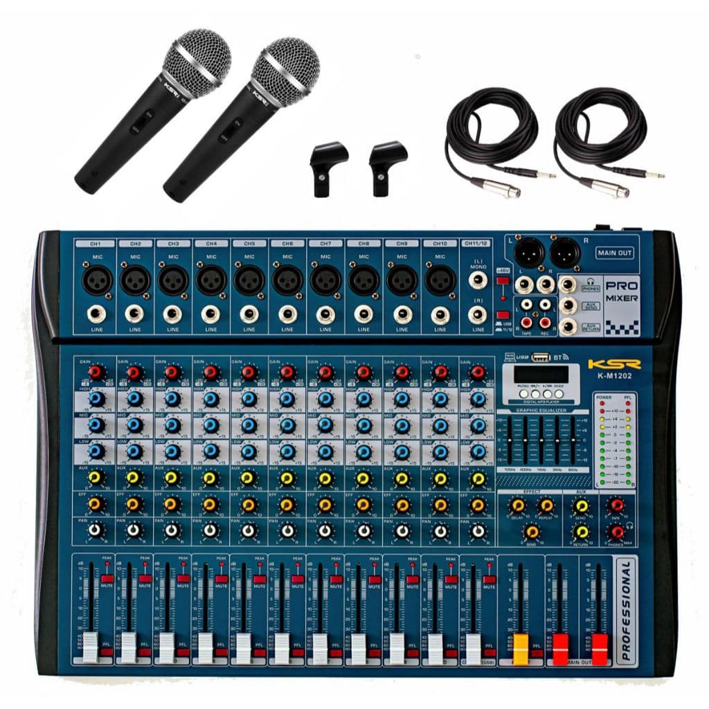 Mesa Som 12 Canais Interface Ksr Km1202 + 2 microfones ks58