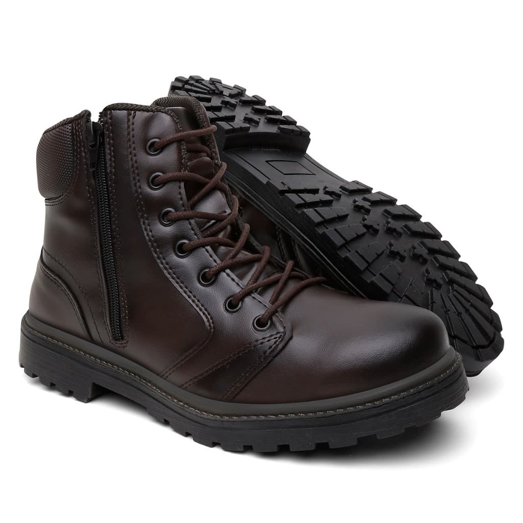 Bota Adventure Masculino Coturno Militar Confortável Ajuste Ziper Lateral Couro Lançamento