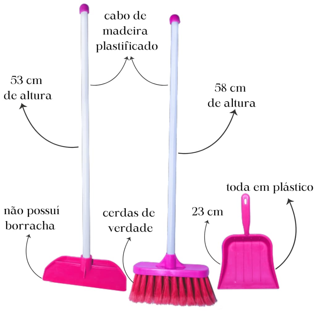 Kit Brinquedo Infantil Menina Cor Rosa Vassoura Rodo Pá Kit Limpeza Infantil