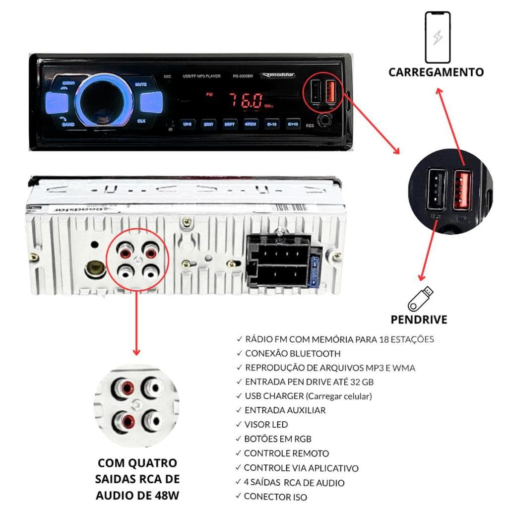 Rádio Automotivo Potente Mp3 Roadstar Bluetooth Usb Carrega Celular 7 Cores Led Premium