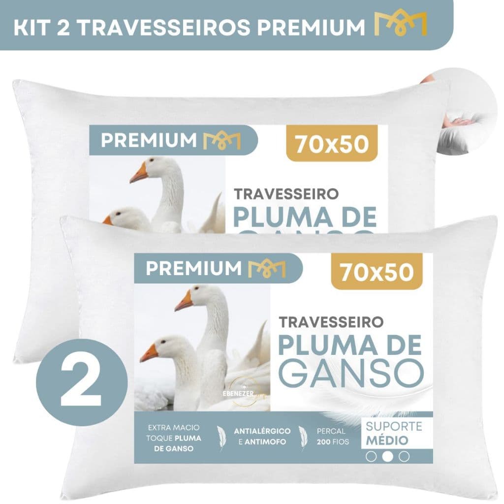 Kit 2 Travesseiro Pluma de Ganso Descanso Antiacaro 70x50cm Extra Macio Eco Plumas Premium