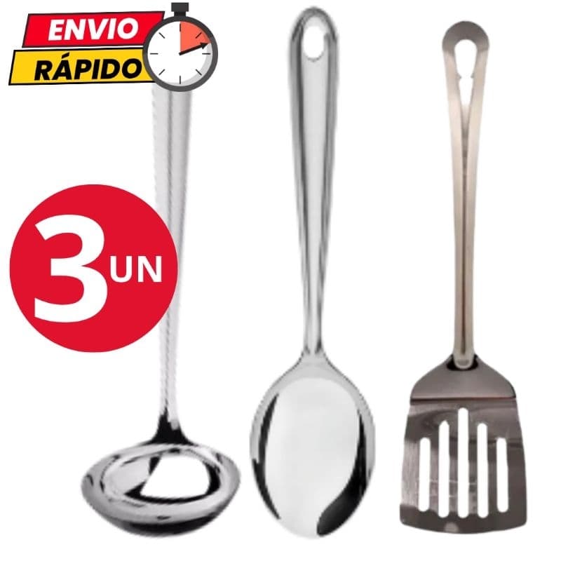Kit Utensílios 3 Peças Concha Colher de Arroz Espátula Vazada em Aço Inox Para Cozinha Casa Restaurante