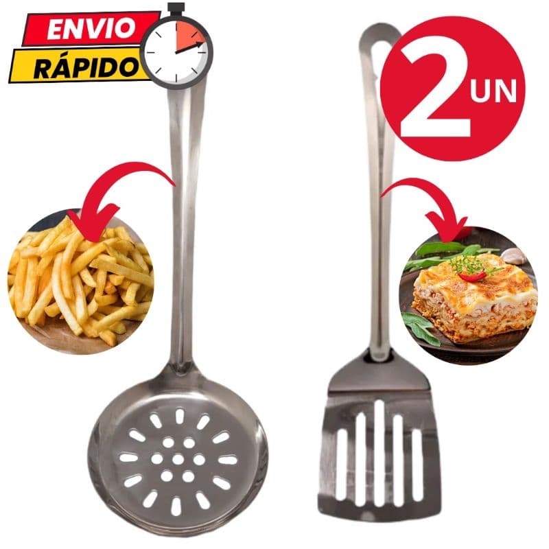 Kit Utensílios 2 Peças Escumadeira Espátula Vazada em Aço Inox Para Cozinha Casa Restaurante Buffet