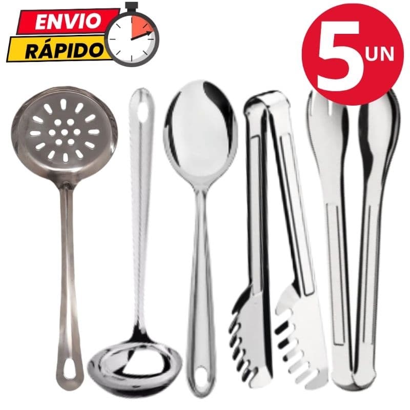 Kit Utensílios Colher de Arroz Concha Escumadeira Pegador de Massa Pegador de Salada em Aço Inox
