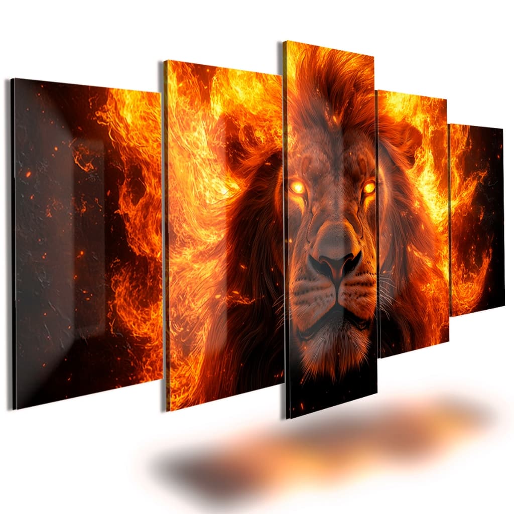 kit quadros decorativos 5 peças mosaico leão fogo sala quarto escritorio