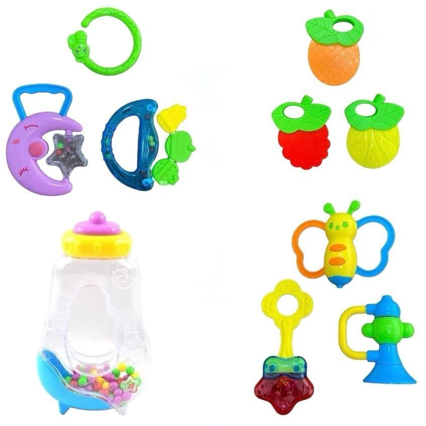 Kit Com 10 Chocalhos E Mordedor Colorido Para Crianças Bebê Com Sinos De Mão Brinquedo Educacional .