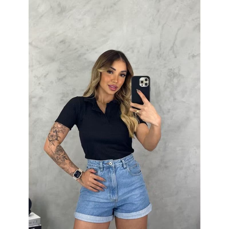 BLUSINHA GOLA POLO MODA FEMININA, FESTA, CASUAL, DIA A DIA,  ZERO TRANSPARENCIA, RIBANA CANELADO