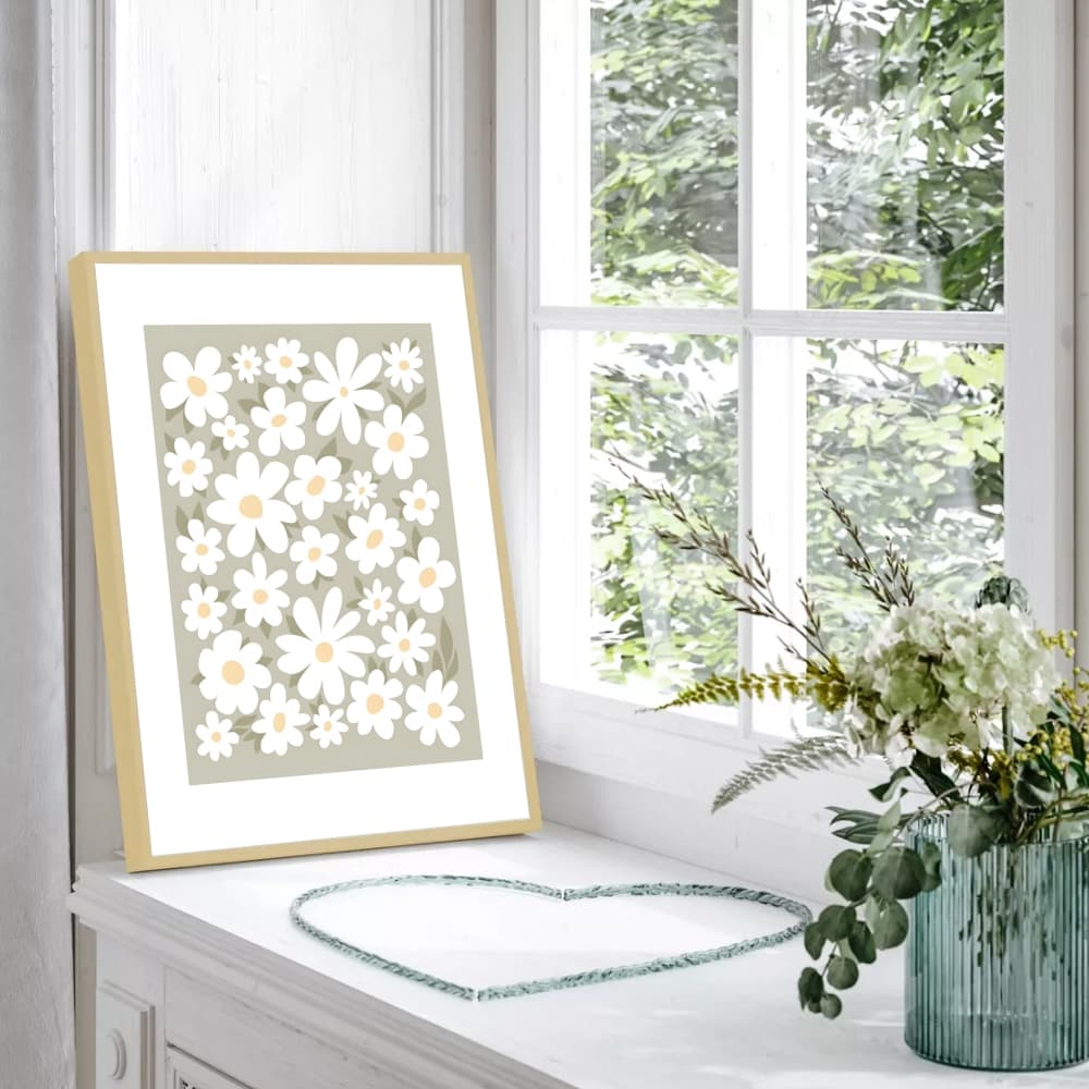 Quadro Decorativo Margaridas Delicadas Fundo Verde Moldura Caixa 2x2cm TokQuadros