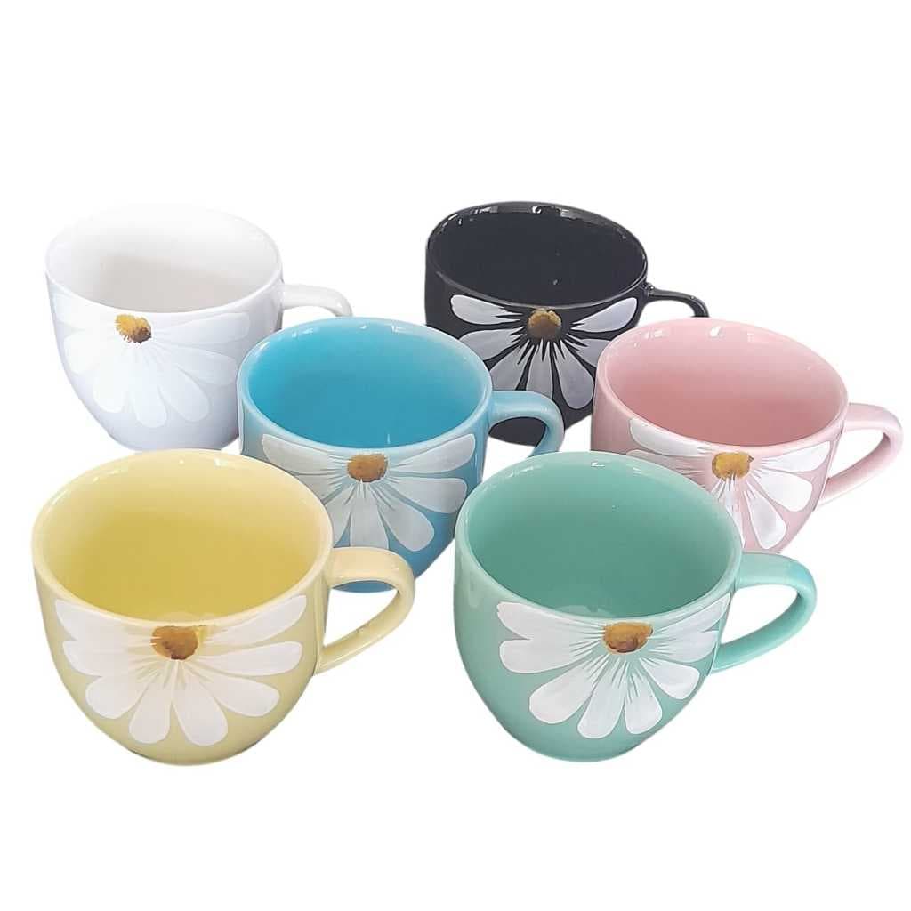 Jogo 6 Xicaras Canecas Chicaras Cojunto Kit de Café Chá Porcelana 170 ml Festa Buffett Coloridas  Decoração Margaridas.