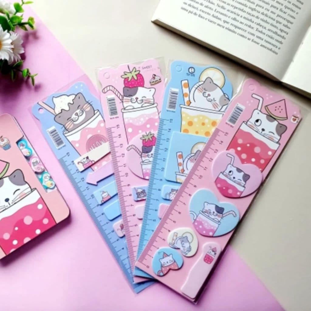 Conjunto Adesivos e Recadinhos Bloco Régua Cute Infantil Escolar Papelaria Fofa Recadinho Infantil