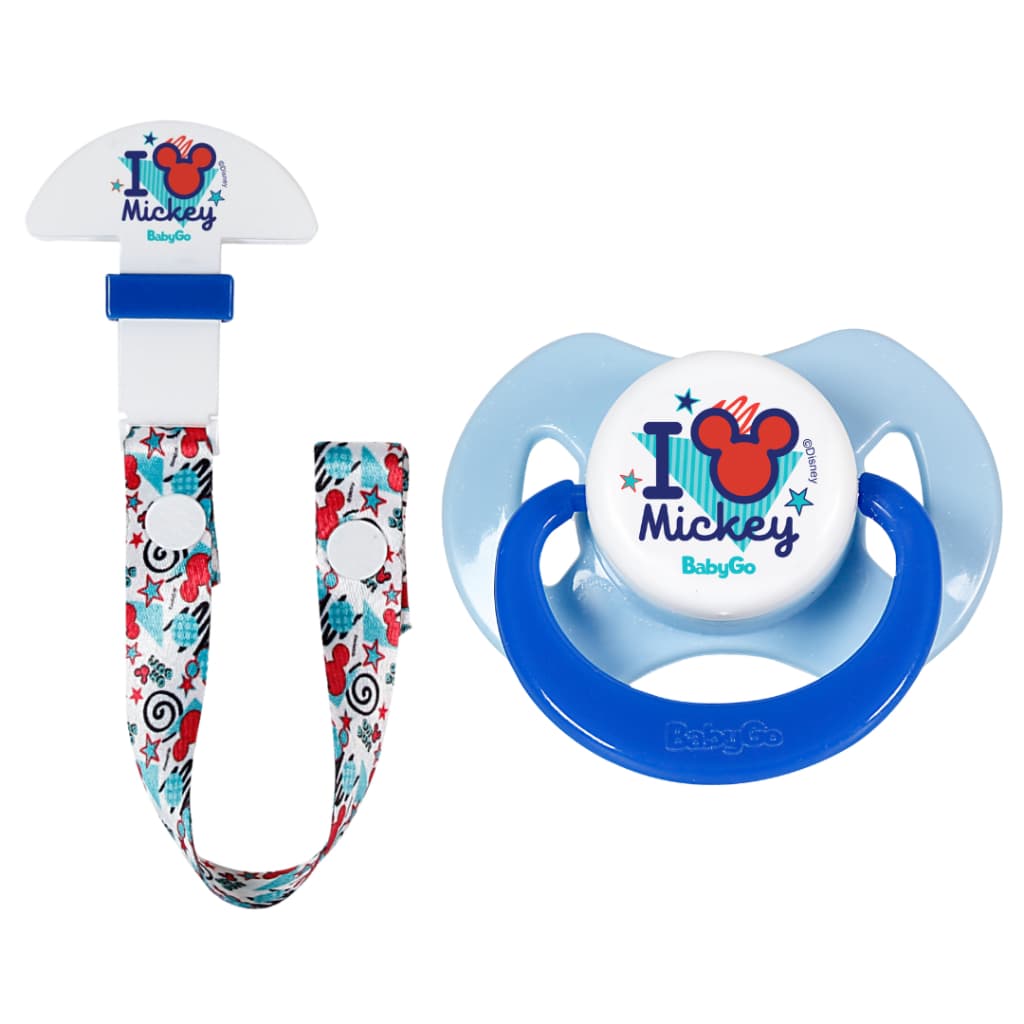 Kit Prendedor de Chupeta + Chupeta I Love Mickey Baby Go – Segurança, Estilo e Conforto para o Seu Bebê!
