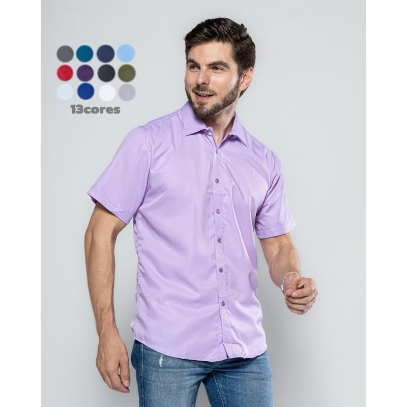 Camisa Social Masculina Manga Curta Lisa Casual