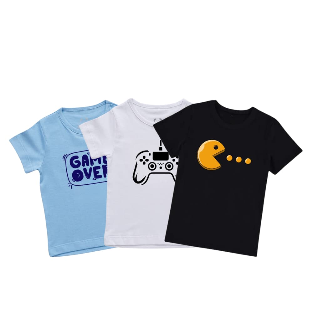 Kit 03 Camisetas Inf. Juv. Meia Malha 100% Algodão Estampadas DTF Meninos Game