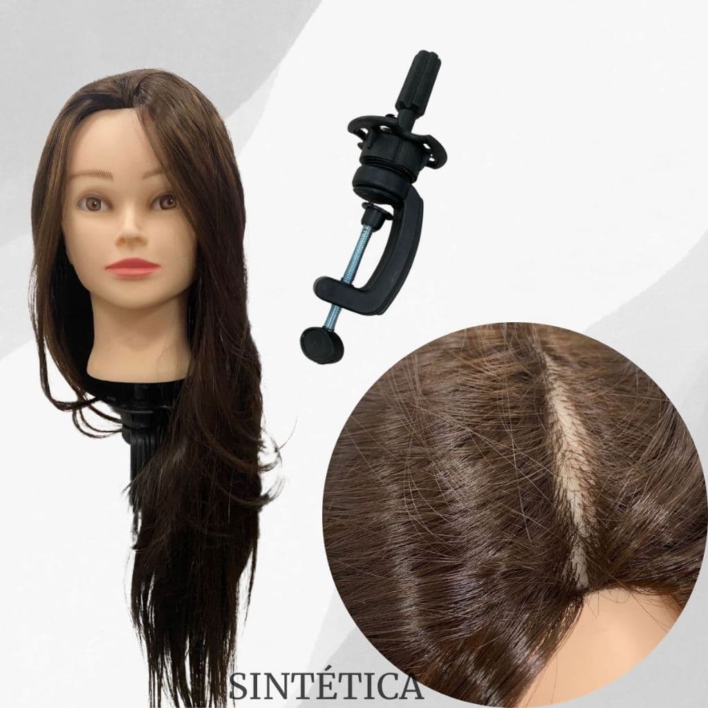 Cabeça De Treino Manequim Cabelo Misto Fibra Orgânica Cherey + Suporte De Mesa