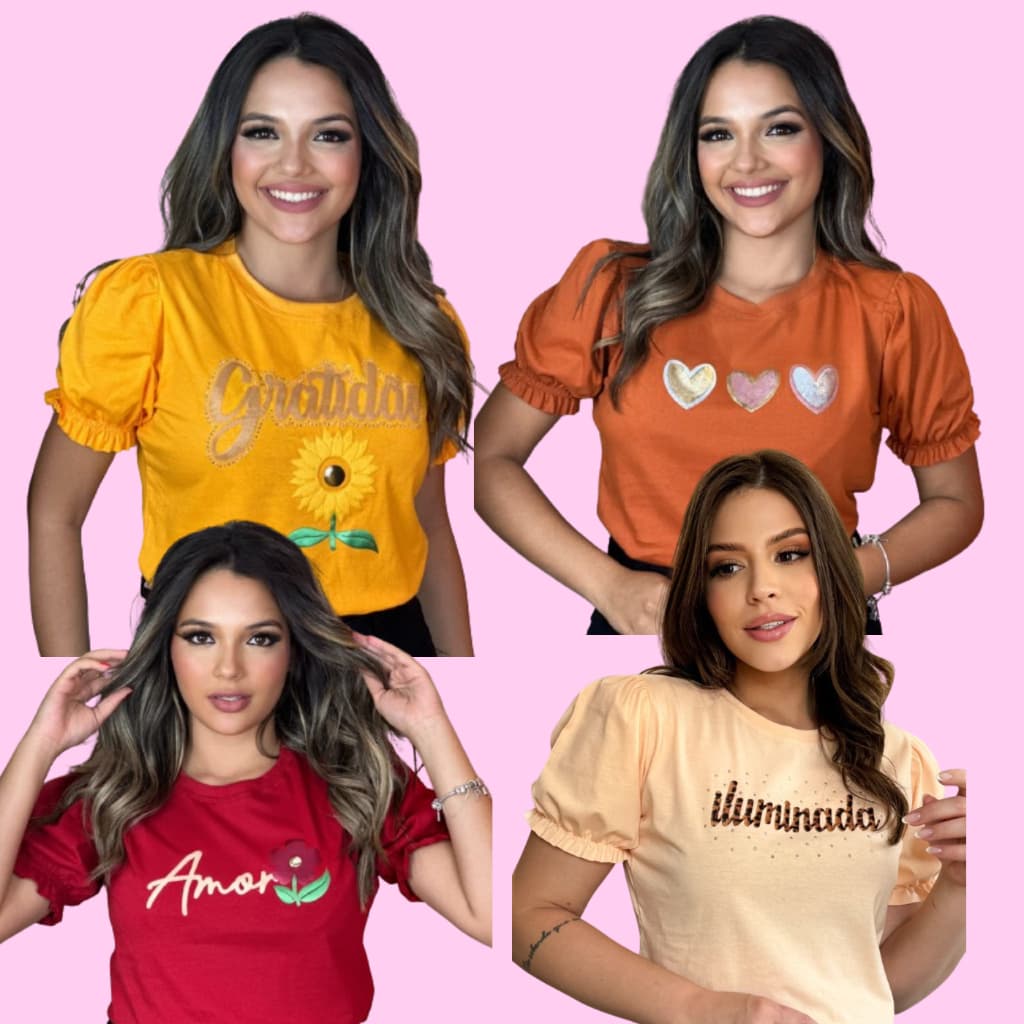 4 Camiseta/blusa T-shirt Manga Bufante vários Modelos 100% Algodão Fio 30