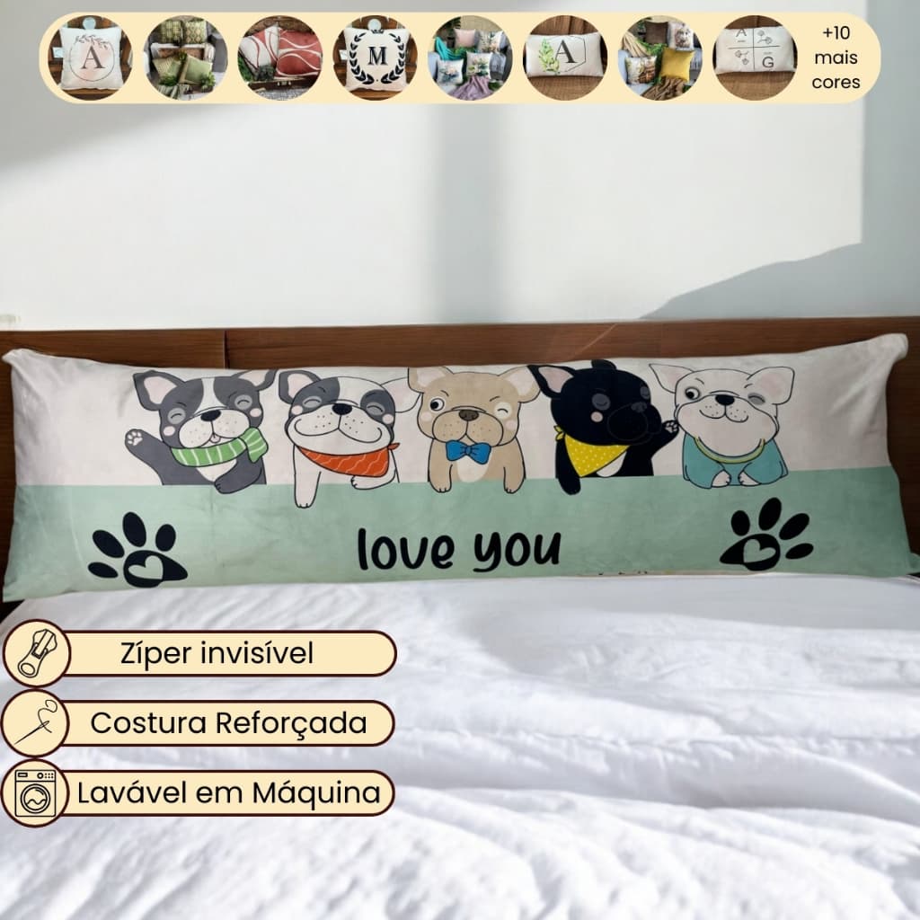 Capa de Travesseiro de Corpo Xuxão 1,40x45 cm de Veludo com Pet Cachorro para Cama