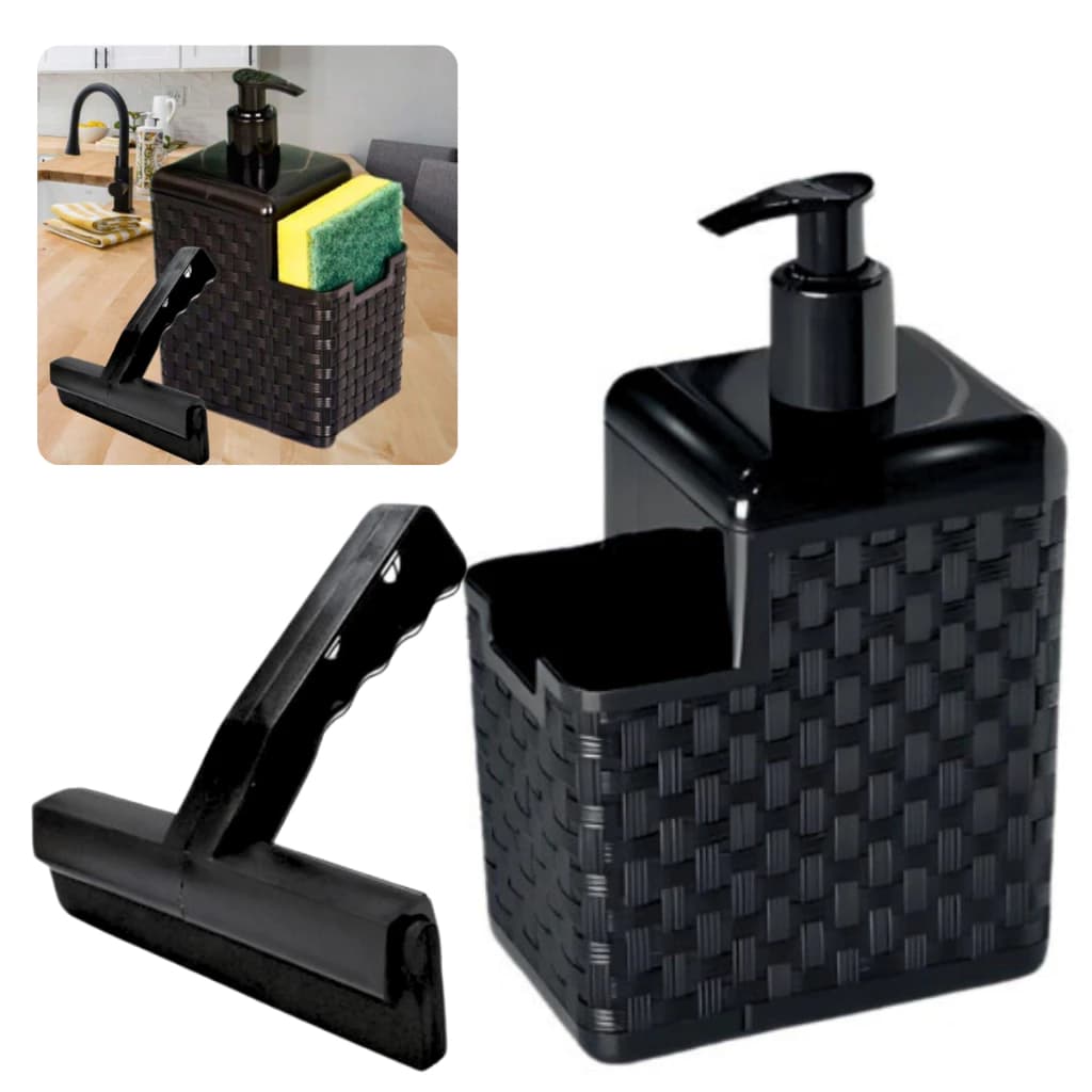 Kit 2 PÇS Porta Detergente 500ml Com Dosador + Rodinho de Pia Preto Dispenser Sabão Porta Esponja