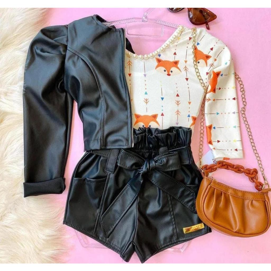 Conjunto Infantil Jaqueta Couro e Short Para Meninas