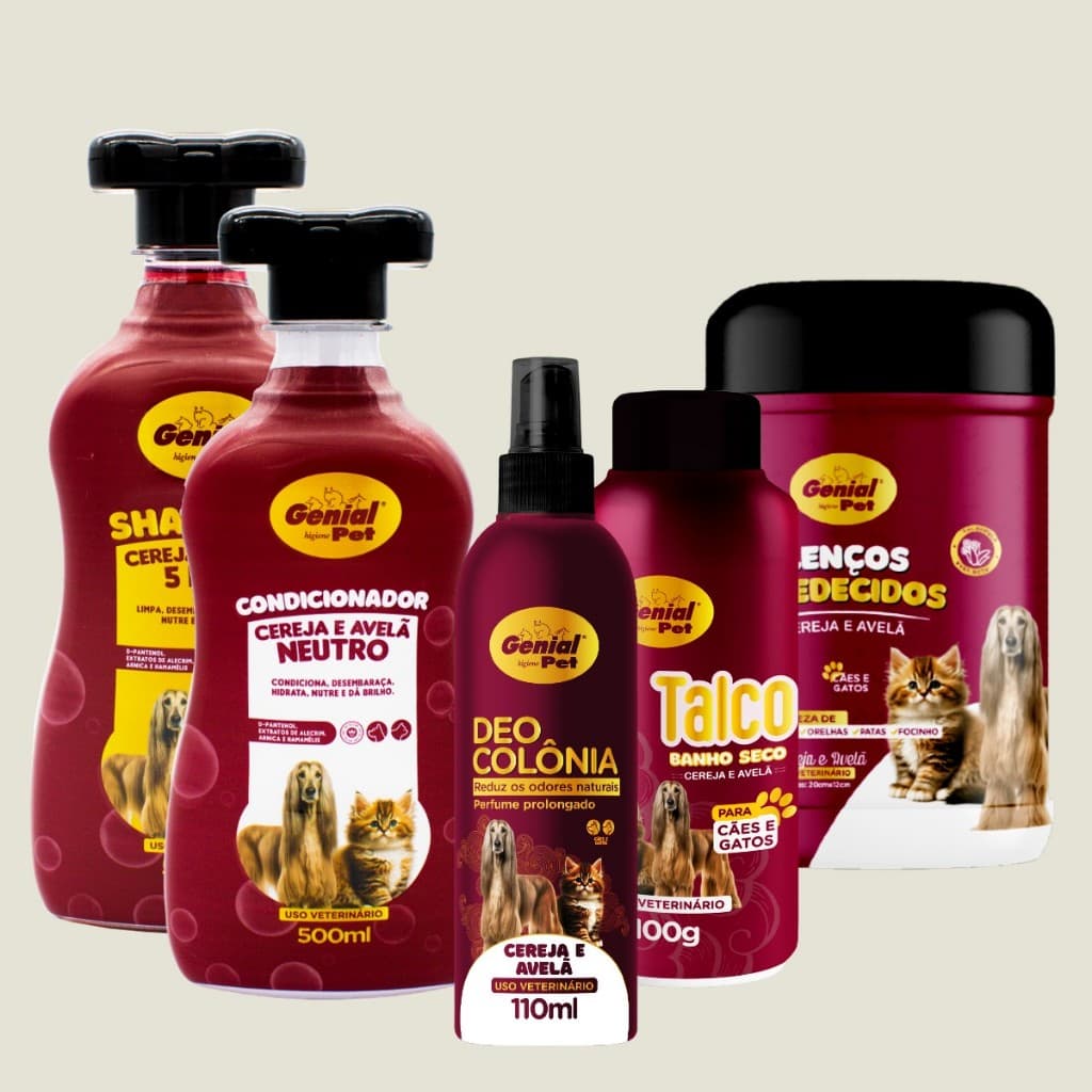Kit Banho e Tosa Cereja e Avelã Shampoo + Condicionador + Perfume + Lenço Umedecido + Talco perfumado Cães E Gatos