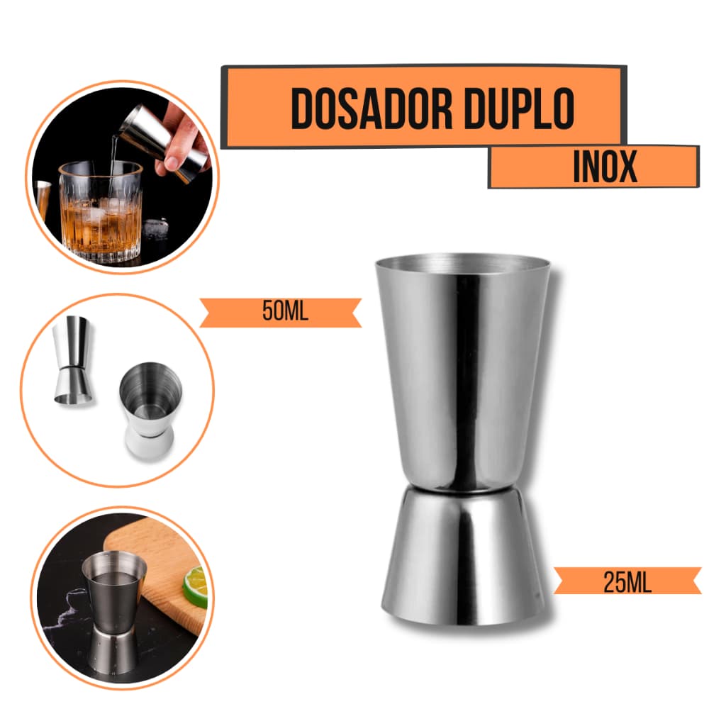 Dosador Duplo Inox 25ml / 50ml Copo Medidor Bebidas Drinks