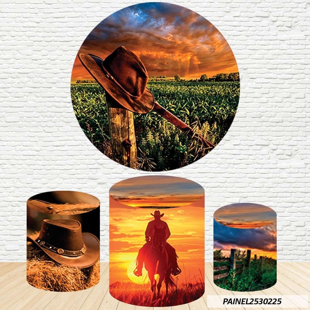 Kit de Capas Painel Redondo Sublimado Cowboy 1,50M + Trio Capas de Cilindro C/Elástico