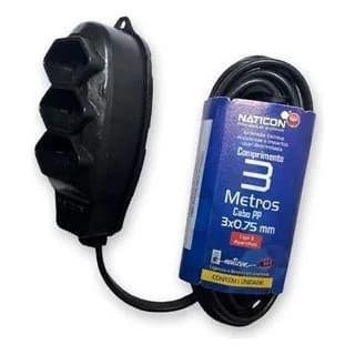 Extensao Naticon Tripla 2p+t Pp 3x0,75 Preta 3mt 564