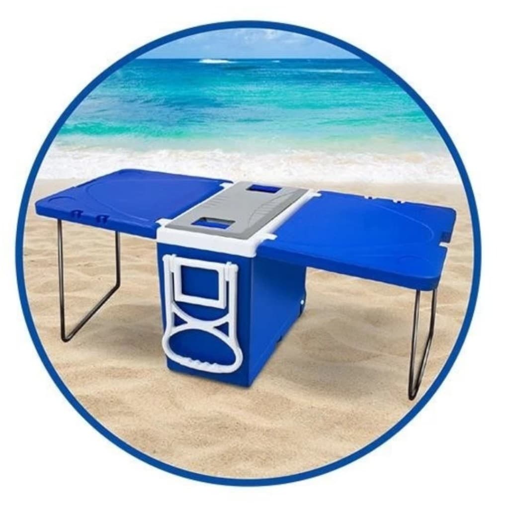 Caixa Térmica 32 Litros Multifuncional 3 Em 1 Com Mesa e Rodinhas Cooler Azul