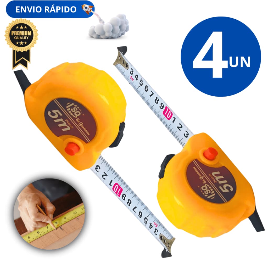 Jogo 04 Unidades Trena 5mx24mm marca Amarela Linha Premium Qualidade Máxima Garantida Fita Métrica