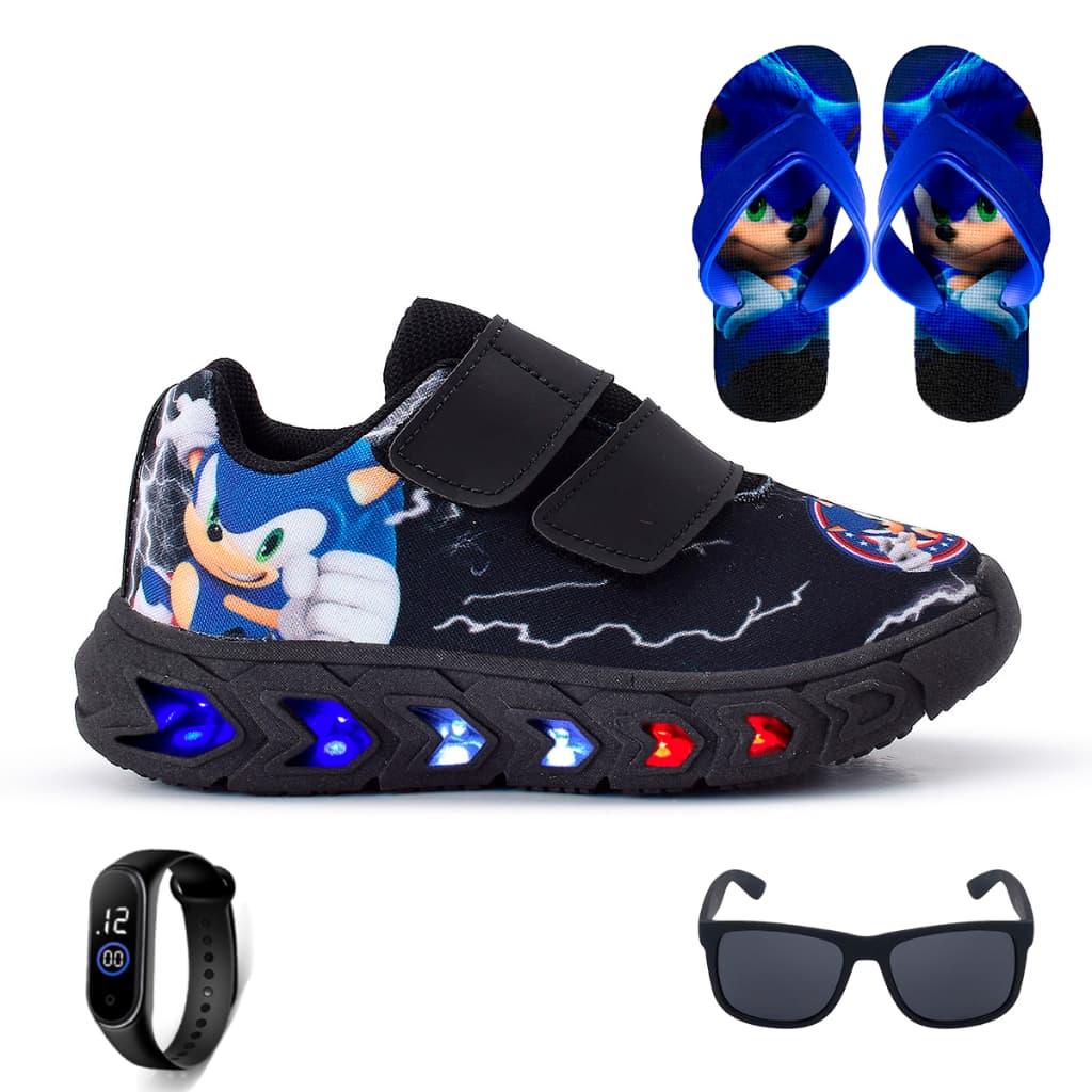 Kit Tenis Masculino Infantil De Led Meninos Sonic + Chinelo + Oculos + Relogio