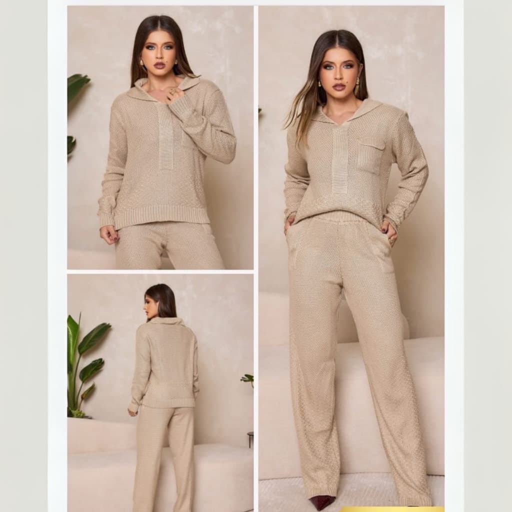 Conjunto Feminino de Tricot Para Inverno Blusa de Manga Longa com Gola Polo Calça com Bolsos