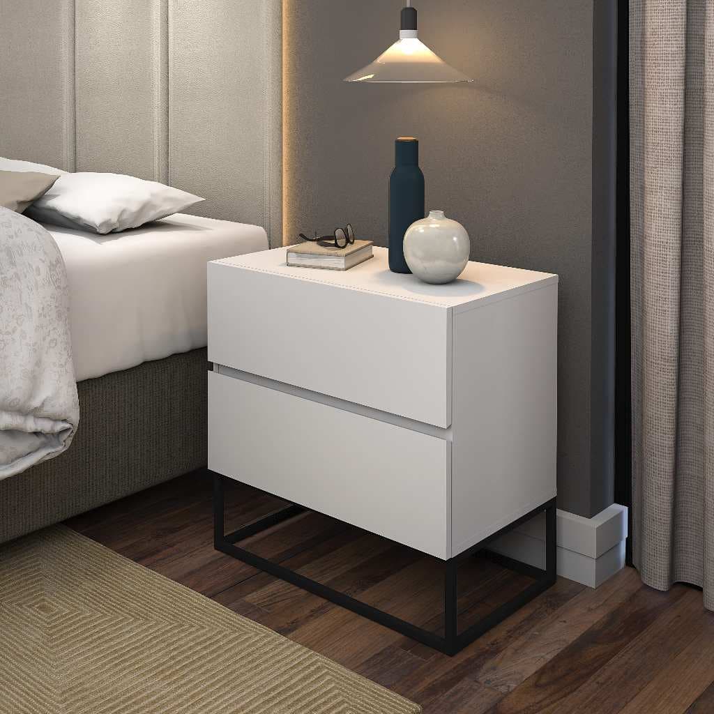 Mesa De Cabeceira Eros 45  Branco Com Pés Em Ferro Preto