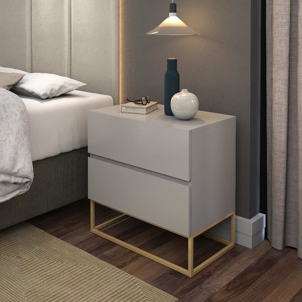 Mesa De Cabeceira Eros 45 Off White Com Pés Em Ferro Dourado
