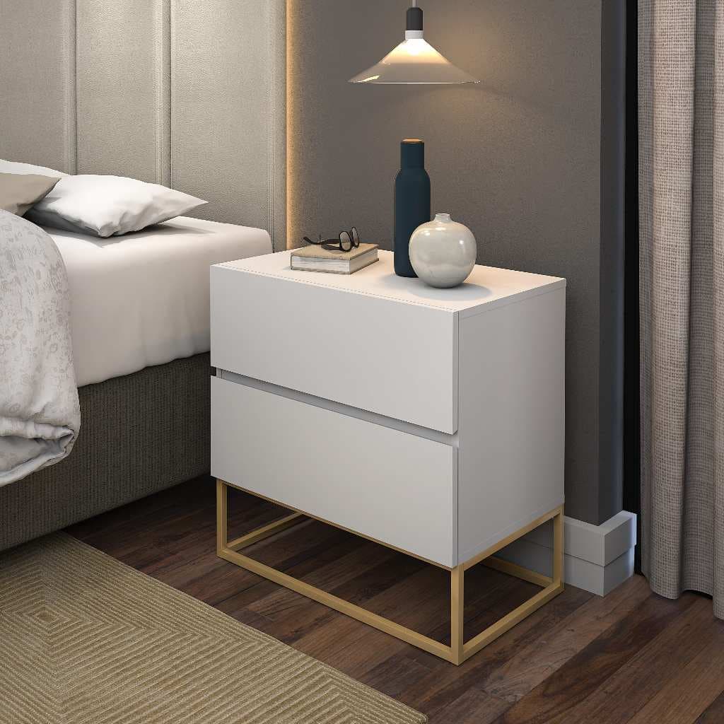 Mesa De Cabeceira Eros 45 Branco Com Pés Em Ferro Dourado