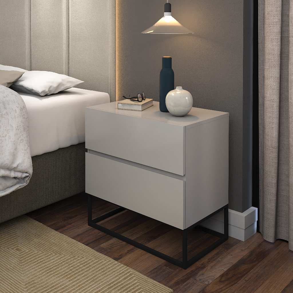 Mesa De Cabeceira Eros 45  Off White Com Pés Em Ferro Preto