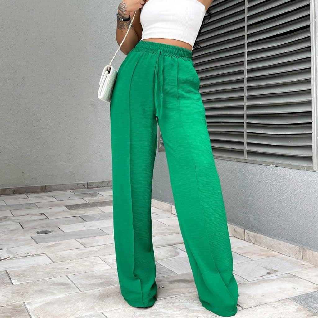 Calça Pantalona Feminina Cintura Alta Com Bolso Tecido Duna