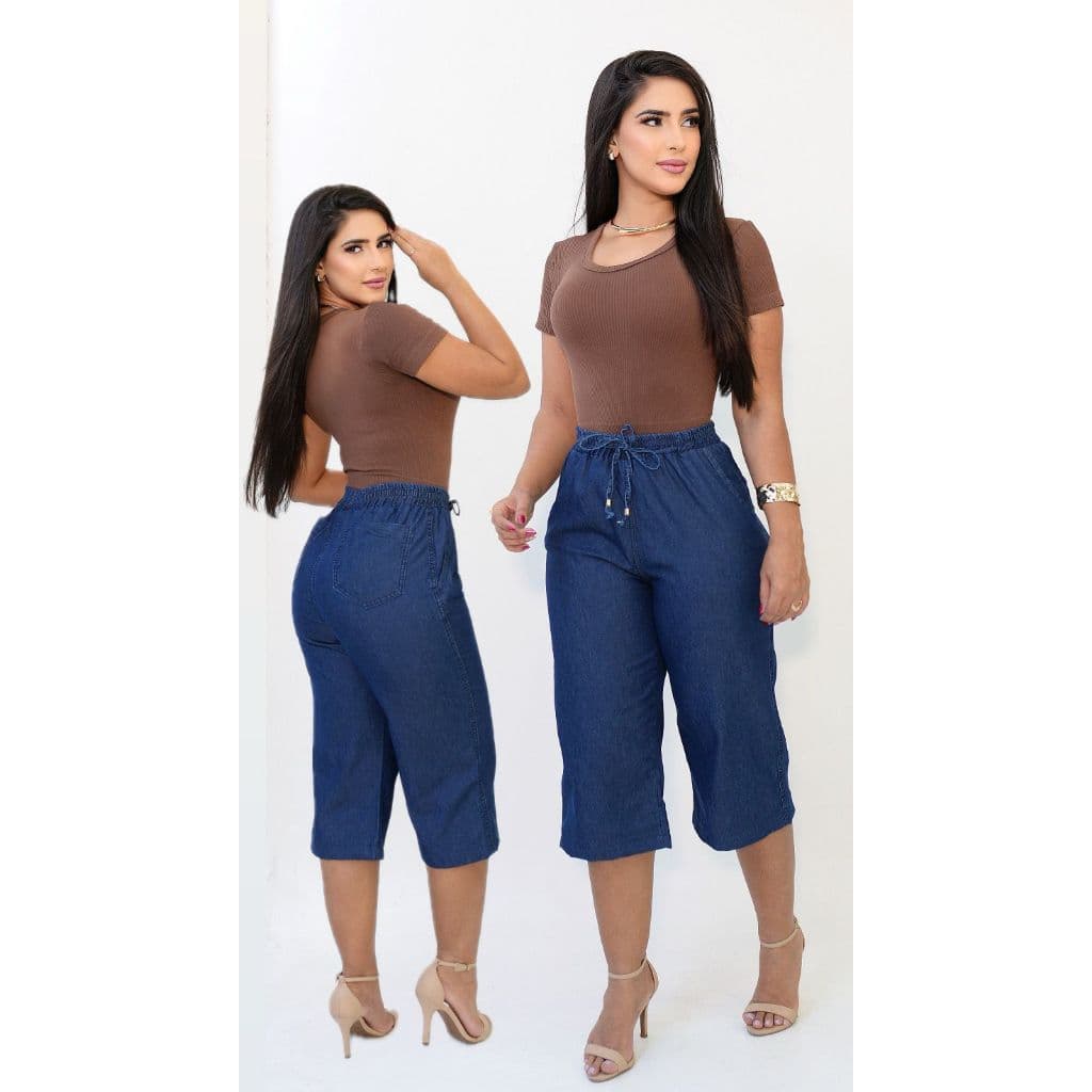 Calça PANTACOURT  Jeans Feminina Cintura Alta Tecido Leve com Elástico e Cordão na Cintura de enfeite