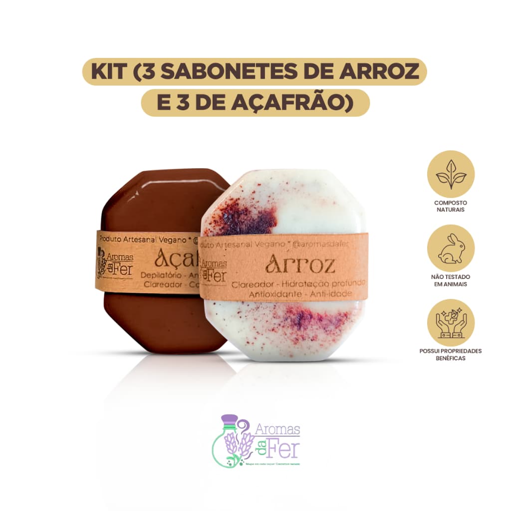Kit 3 Sabonete Facial de Arroz + 3 Sabonete de Açafrão Clareador e Depilatório