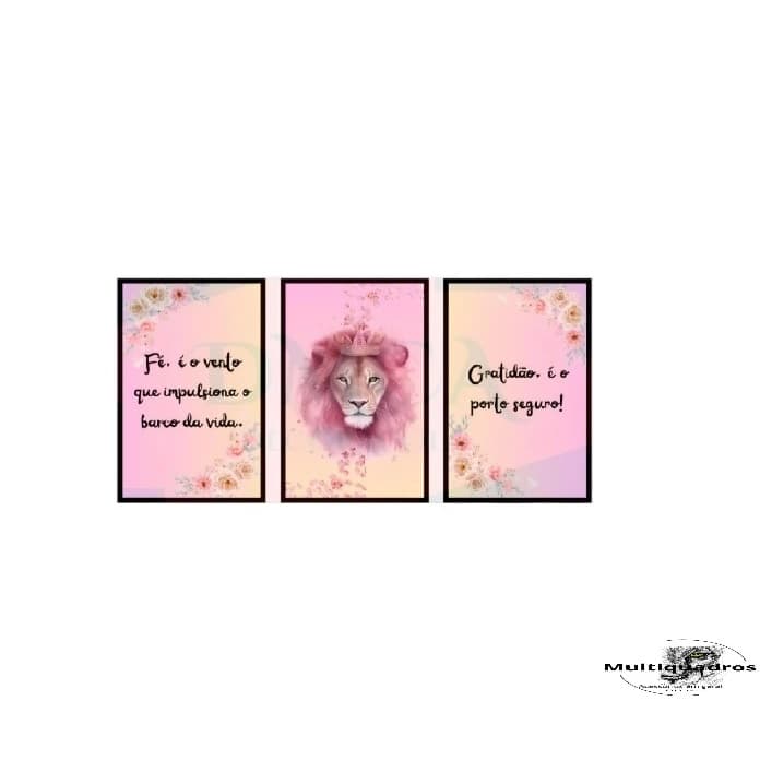 Quadro Decorativo Leão Rosa Com Frases Religioso Gratidão 3 Peças 120x60
