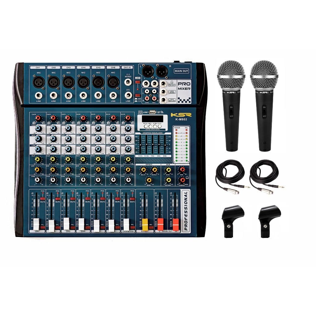 Mesa Som 8 Canais Interface Ksr Km802 + 2 microfones ks58