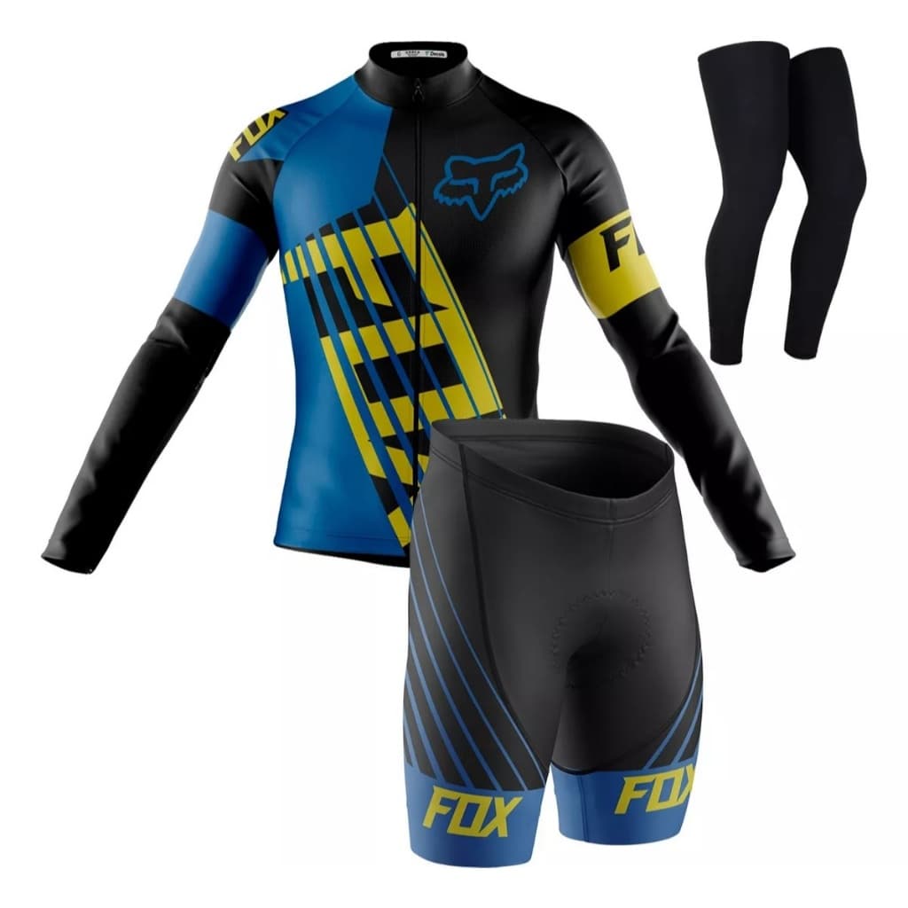 Conjunto Ciclismo Fox Azul Camisa Full Zíper Fitness Manga Longa Bermuda Gel 3d Decole Pernito UV