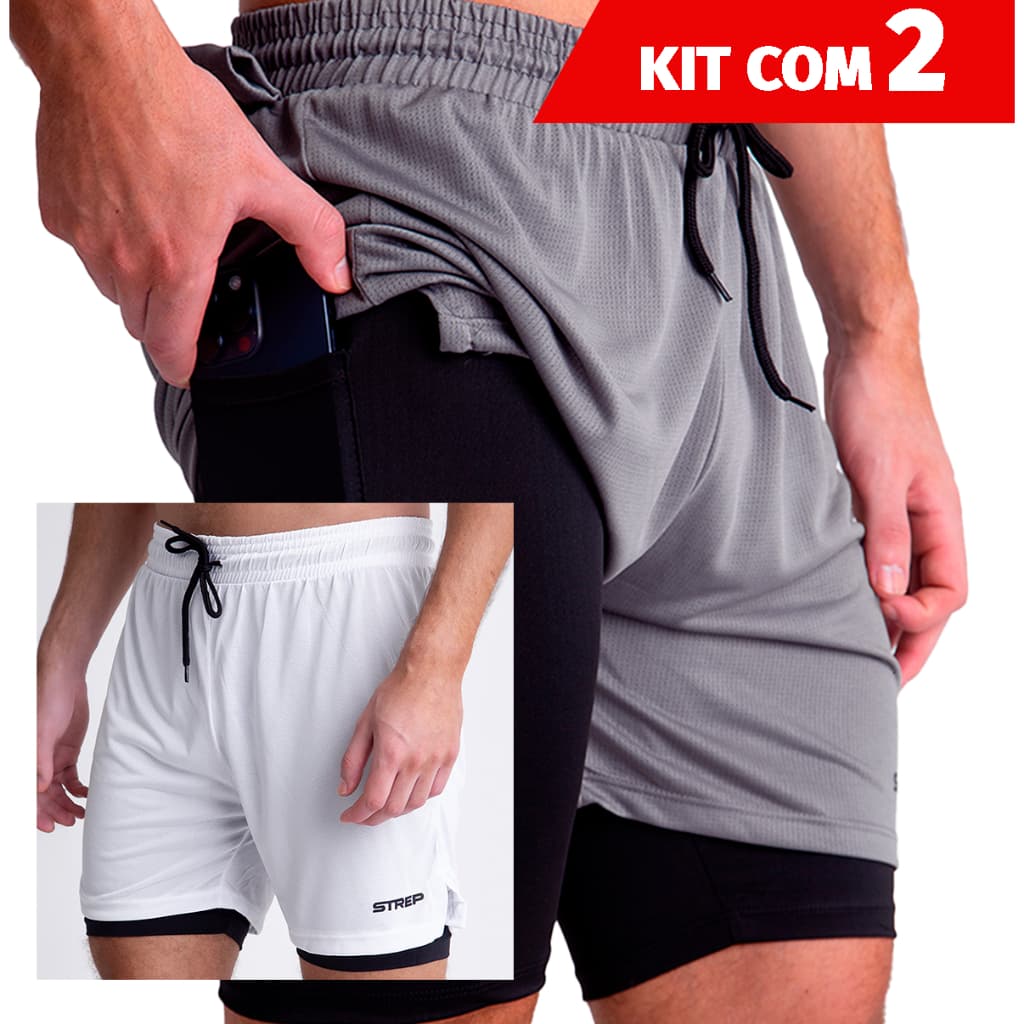 Kit 2 Shorts 2 em 1 Bermuda Academia Masculina Treino Elastano com Bolso interno de Segurança