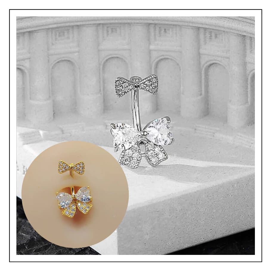 Piercing de Umbigo de Laço Duplo Cravejado e com Pedra Prata/Dourado