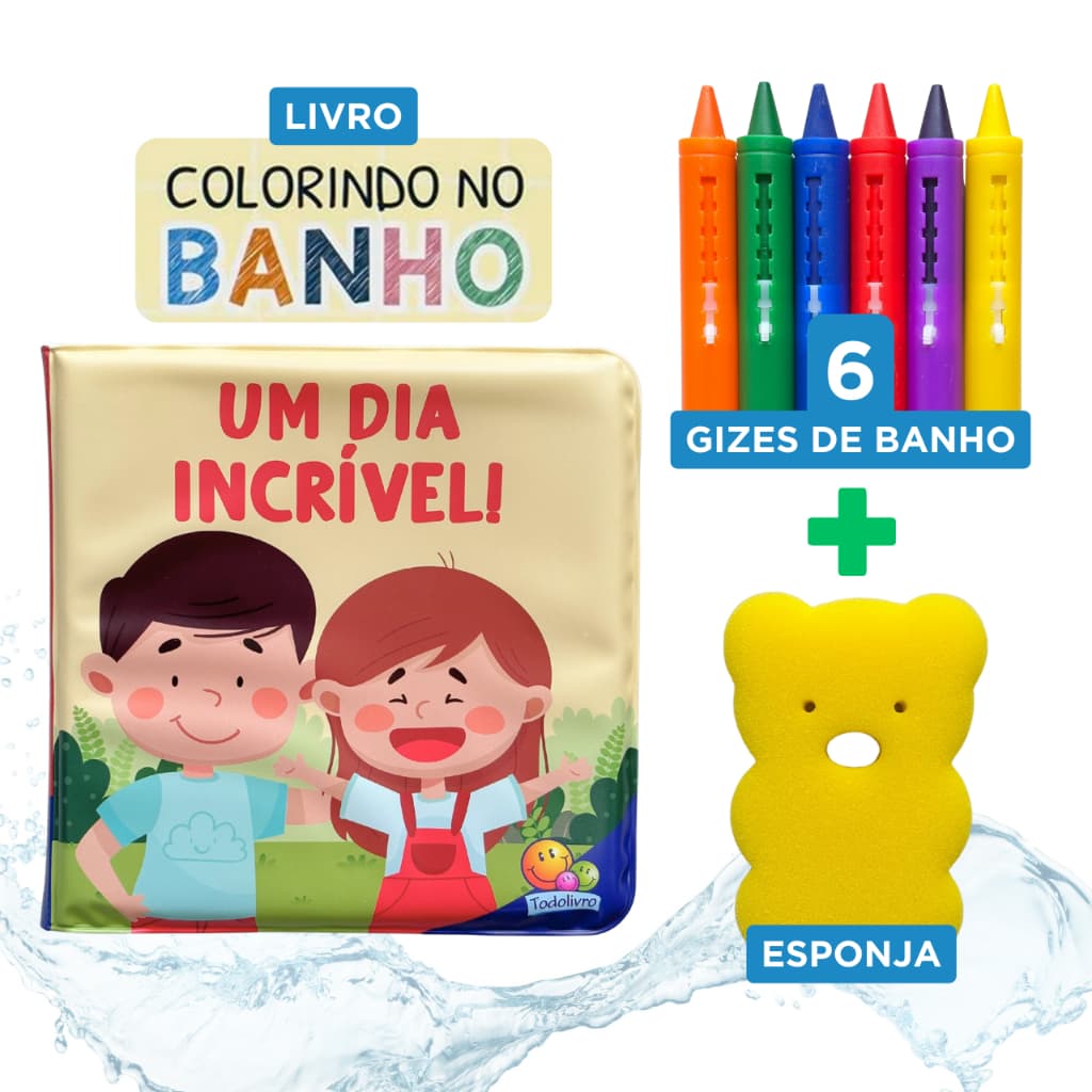 Kit Brinquedo de Banho para Bebê Livro + Giz de Cera para Banho + Esponja Infantil Criança Presente Menino Menina