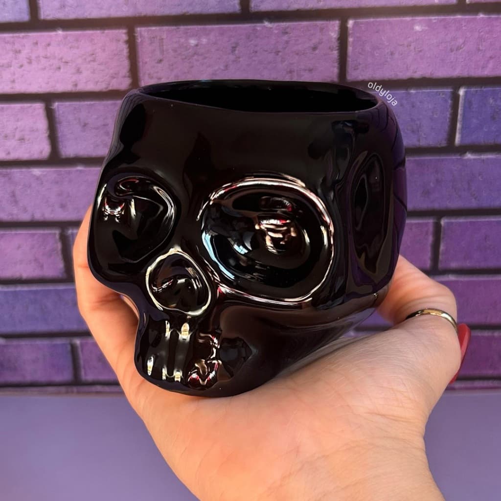 Caneca Caveira Preta Gótica Dark Punk Skull Halloween Cerâmica 300ml Canecas Diferentes